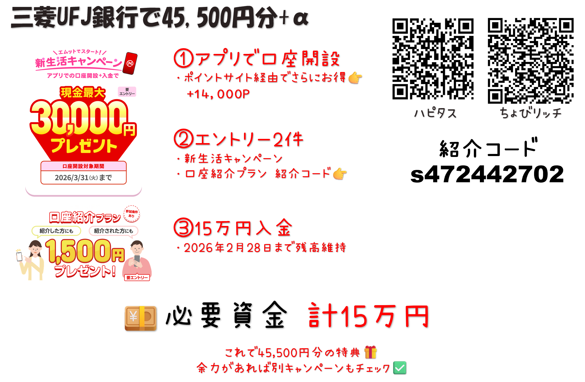 預金15万円で45,500円+α】2026年1月 三菱UFJ銀行の口座開設